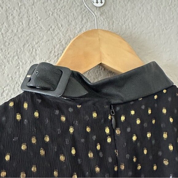 Jill Stuart Silk Dress 6 Black Gold Polka Dot Leather Trim Long Sleeve - Picture 5 of 12